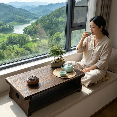 实木炕几飘窗小桌子榻榻米茶台日式茶桌复古家用折叠双层矮桌子
