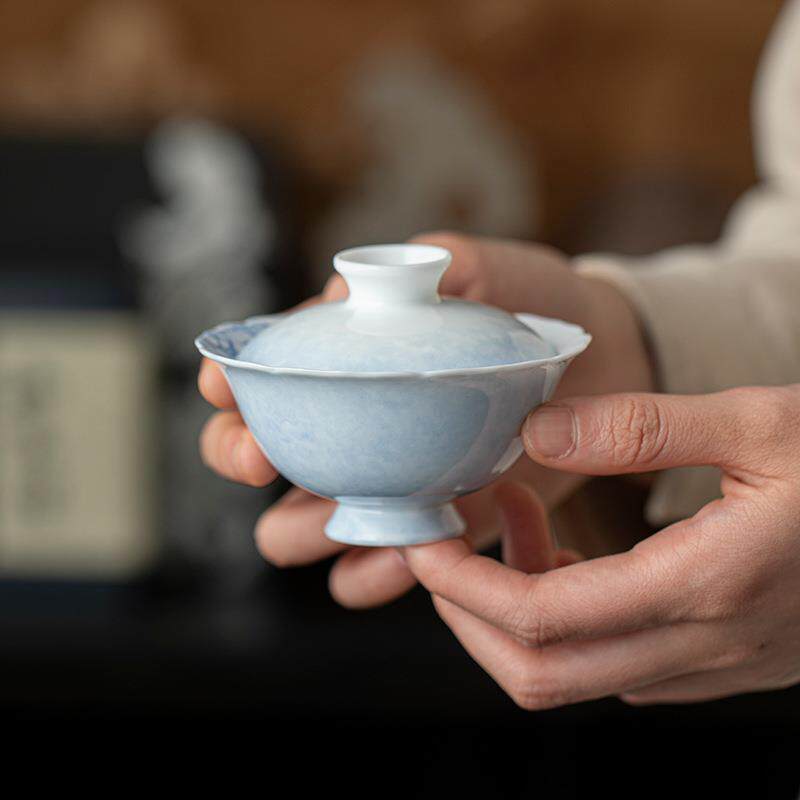 釉下彩纯手蝶花绘两才花口恋盖碗家用茶杯不SY305239烫手小清新功