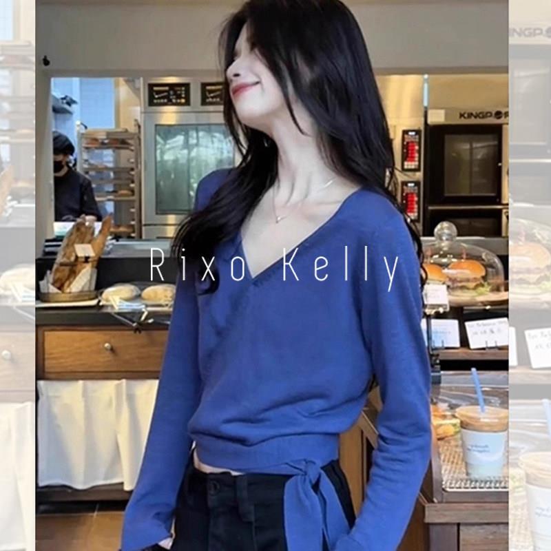 Rixo Kelly气质v领高级感长袖t恤女百搭设计感不规则休闲显瘦上衣