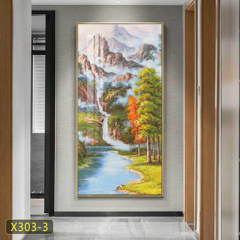 正对门玄关装饰画现代挂画山水风景竖版走廊过道楼梯口钻石晶瓷画