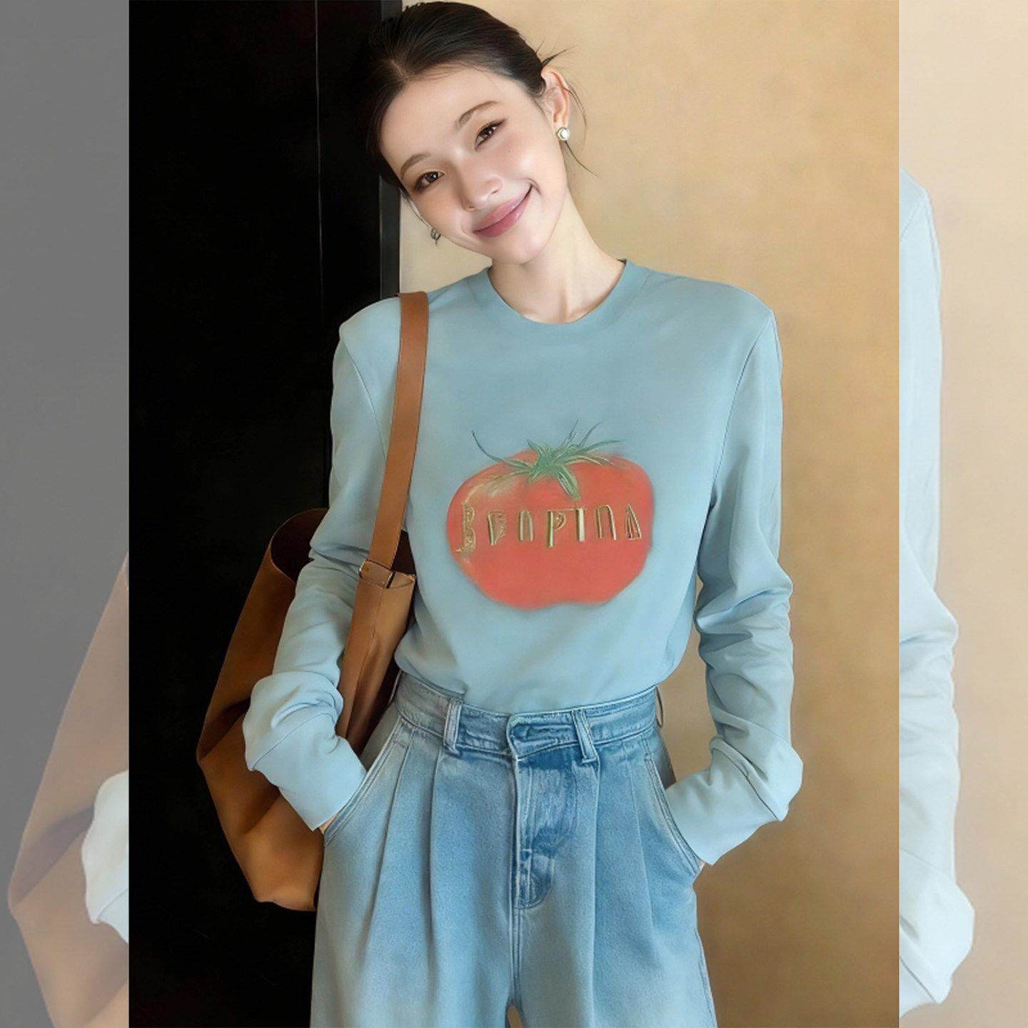 蓝色印花长袖正肩t恤女春秋新款独特漂亮休闲百搭显瘦打底衫上衣