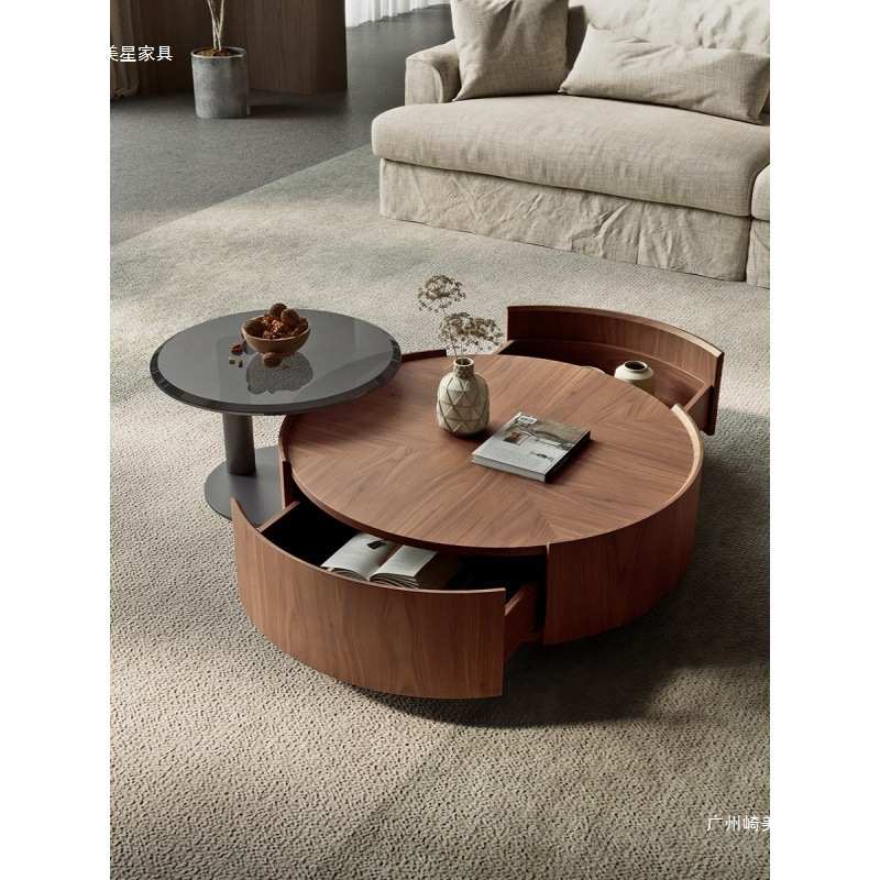 中古风简约胡桃木圆形茶几轻奢高级极简现代客厅小户型圆型北欧