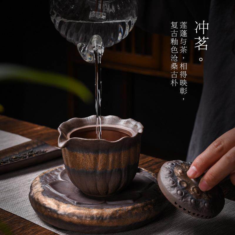 德玉堂粗陶复古鎏金手抓壶日式纯手工茶壶家用分茶器带壶垫茶组