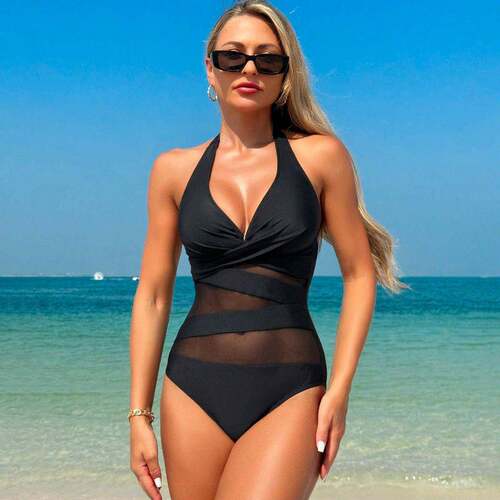 Halter Mesh Patchwork Cross Design Ruched Transparent
