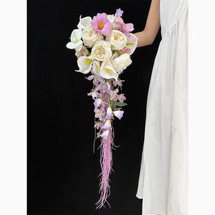 瀑布手捧花紫色系高级领证结婚拍照新娘彷真水滴花束婚纱摄影道具