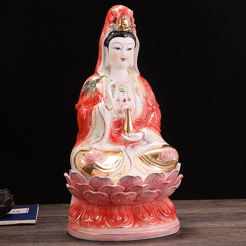 陶瓷观音佛像 红衣南海观音菩萨佛像家用陶瓷摆饰 黄衣坐莲观世音