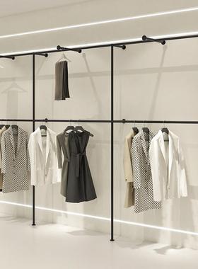 服装店展示架壁挂落地式双层黑色挂衣杆男女装店上墙侧挂陈列货架