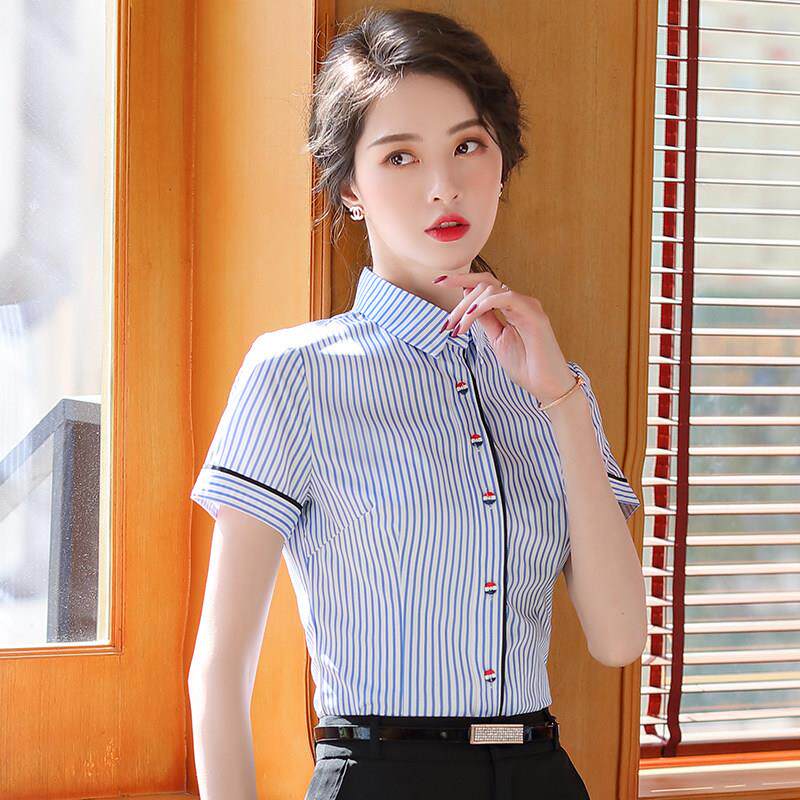 蓝色短袖条纹女式衬衫2021夏季新时尚优雅的韩式商务着装白领衬衫