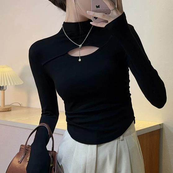潮牌简约半高领长袖打底衫女新款大码褶皱收腰外穿内搭T恤上衣