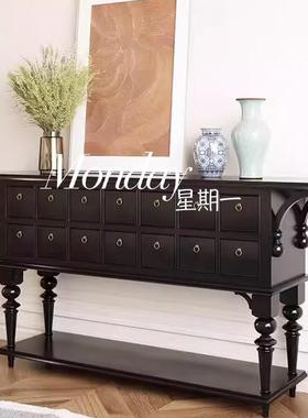 式中古实木关桌靠墙边柜隔断客厅入法户黑色玄多屉复古储n29物抽