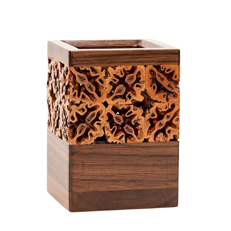 中式复古核桃镂空茶道收纳筒胡桃木笔筒方形茶道六君子筒创意花插