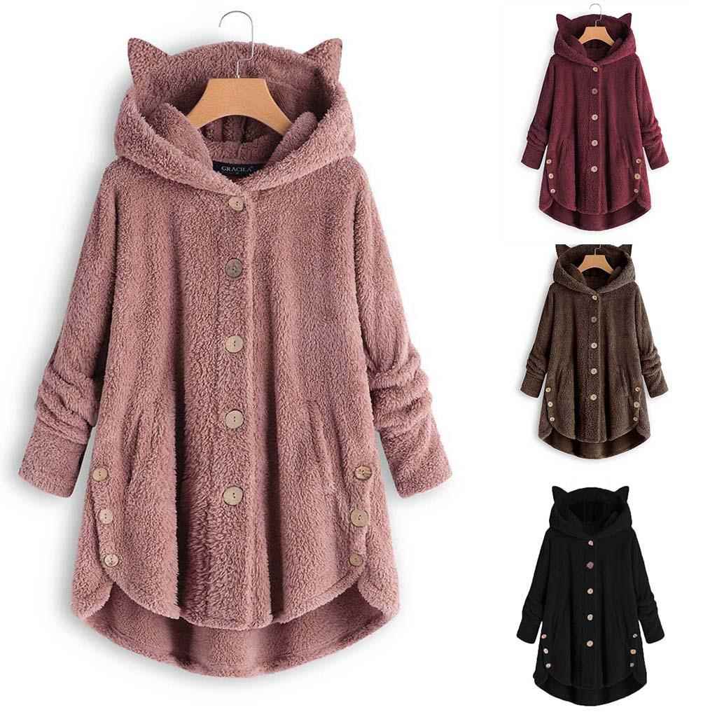 Hooded Coat Cat Fleece Irregular Color Ear Women Button Top