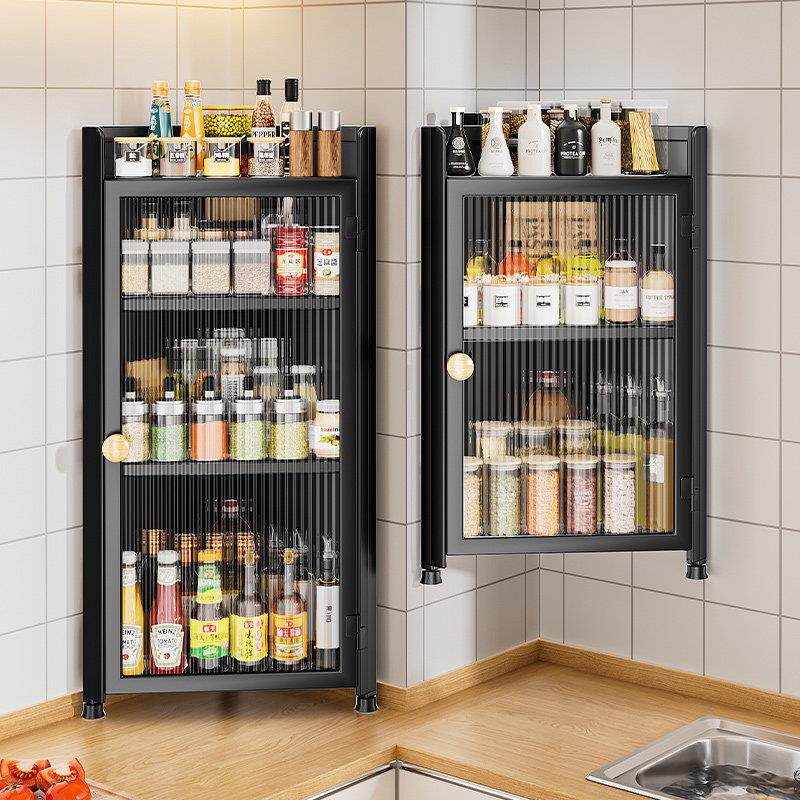 厨房调料置物架壁挂式转角多层调味品收纳柜防尘带门整体橱柜收纳
