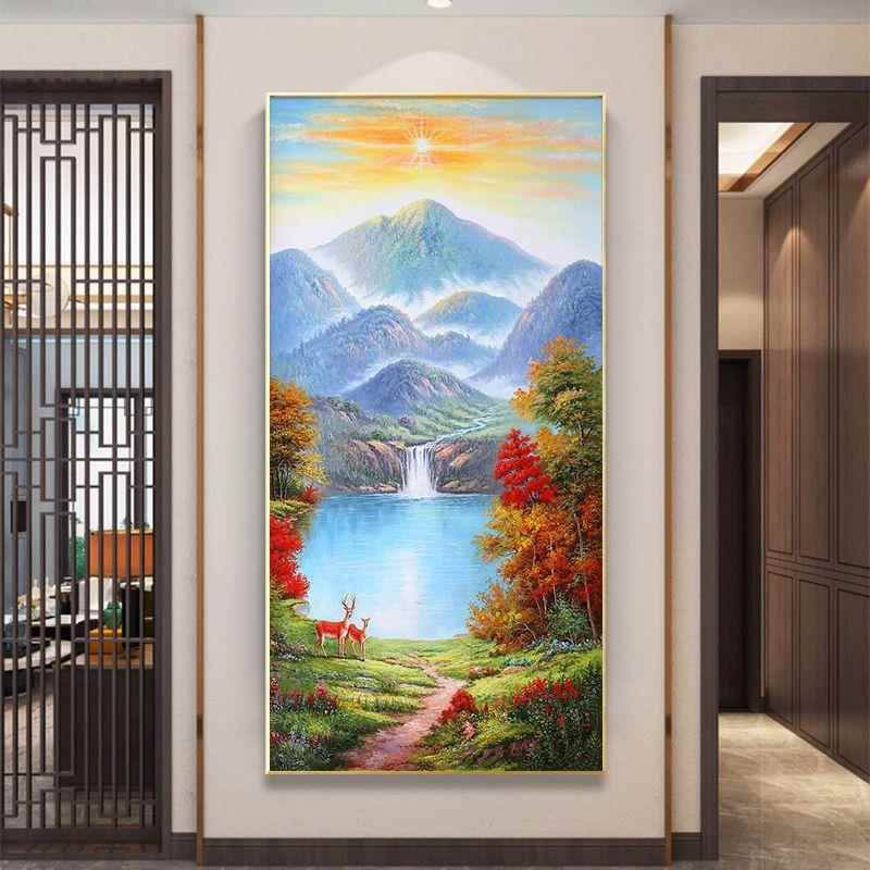 新中式现代简约山水风景瀑布日出客厅手绘油画沙发背景装饰画美式