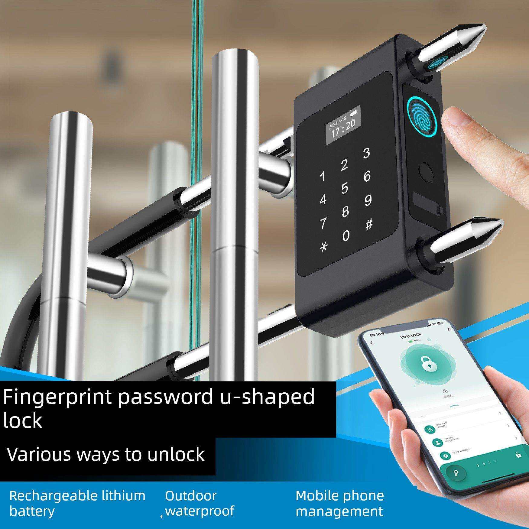 密码锁u型锁指纹锁双开门商铺店面U形插锁电子挂锁玻璃门智能门锁
