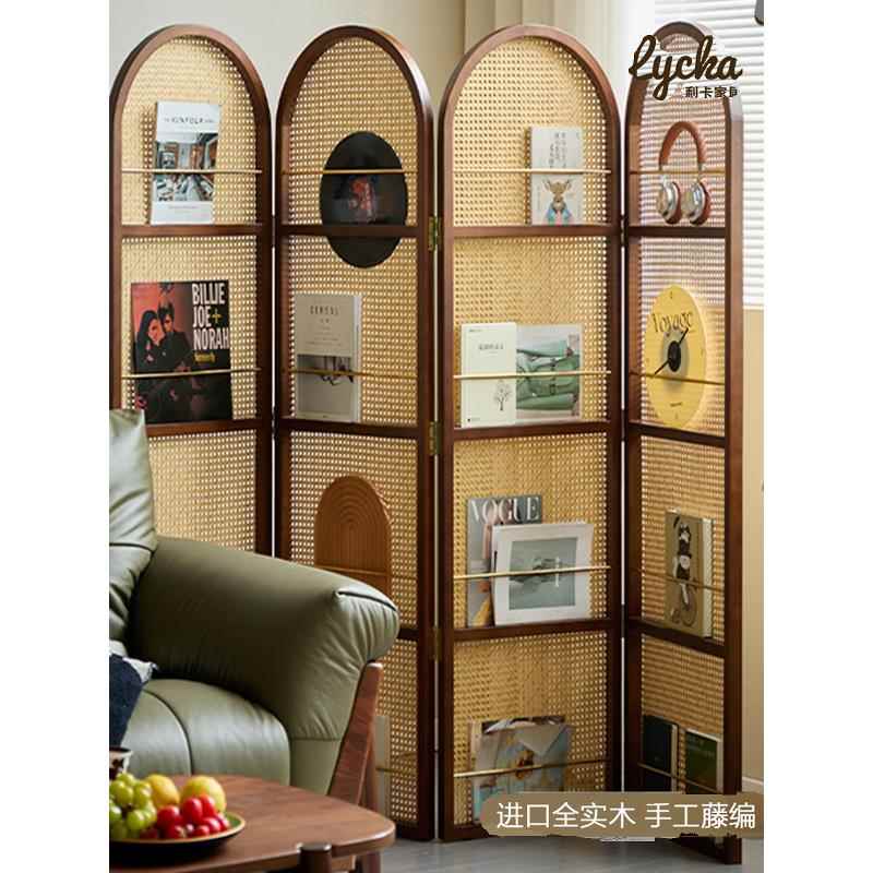 法式覆古折叠式藤条屏风客厅实木收纳书架中世纪杂志架入口入口阻