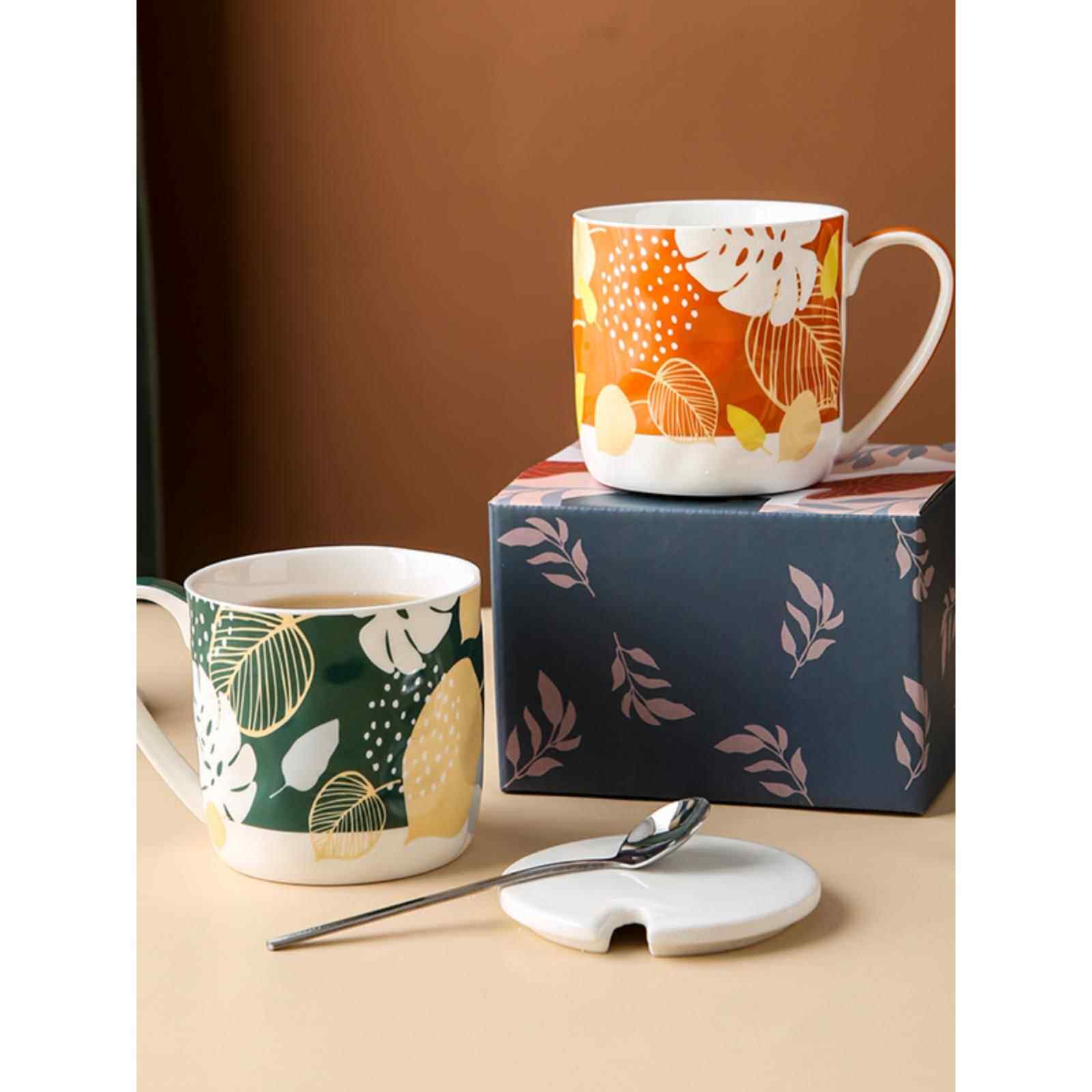 复古高颜值平底陶瓷水杯带盖勺马克杯家用牛奶杯微波炉可加热