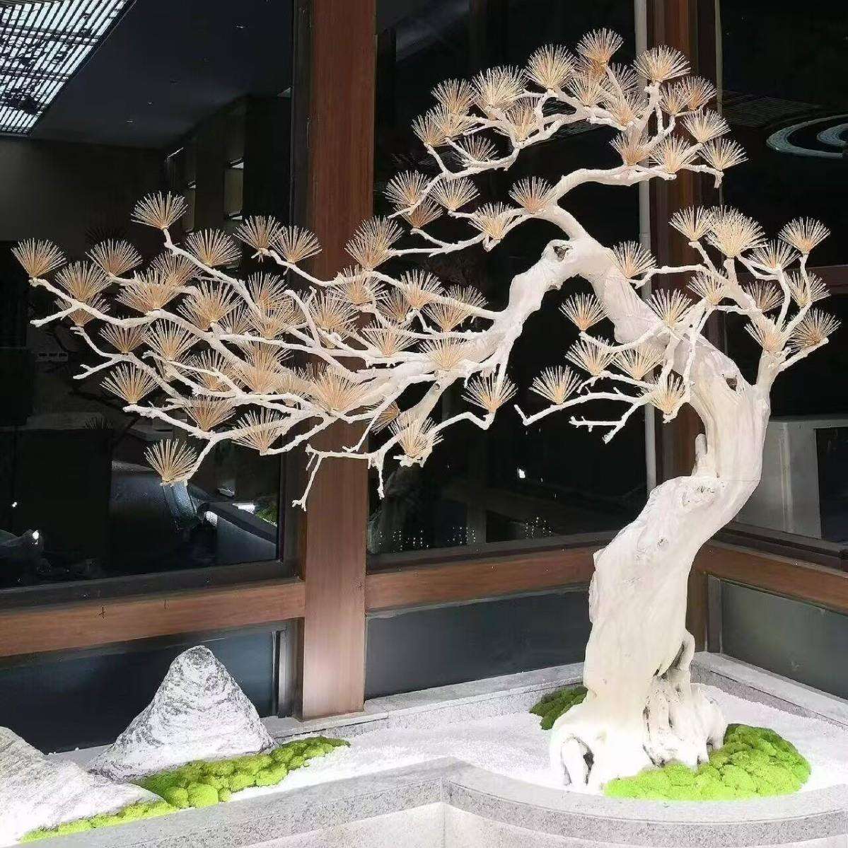 仿真迎客松树假树根抱石松罗汉松雕刻木雕酒店橱窗玄关造景装饰