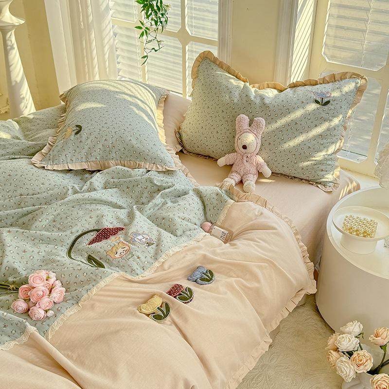 可爱小花边唯美卡通仙全棉A类双层纱工艺四件套纯棉透气v床品,床上用品,床品套件/四件套/多件套,淘宝优惠券,粉丝福利购,淘宝优惠卷