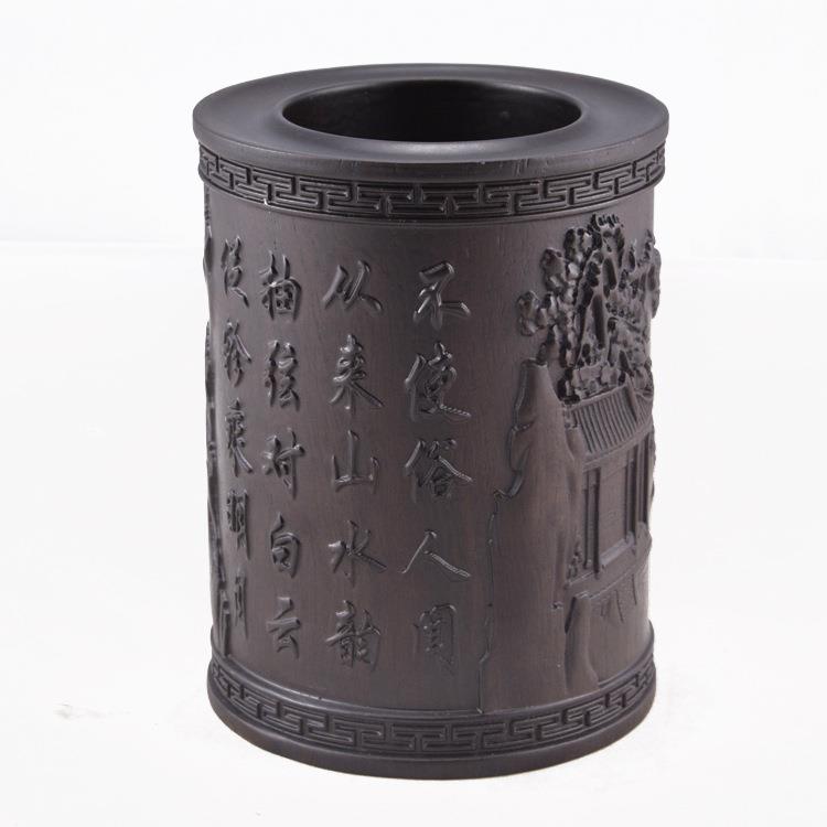 实木雕刻工艺黑檀木浮雕笔筒荷花牡丹马到成功招财麒麟厂家
