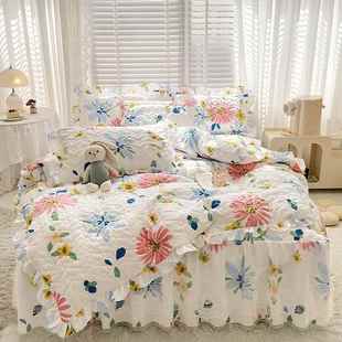 韩版 床裙二合一全套四件套纯棉花边被套床上4件套 全棉床笠式