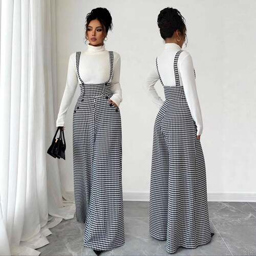 Women's Knitted Plaid Print Wide Leg Pants Front Pocket