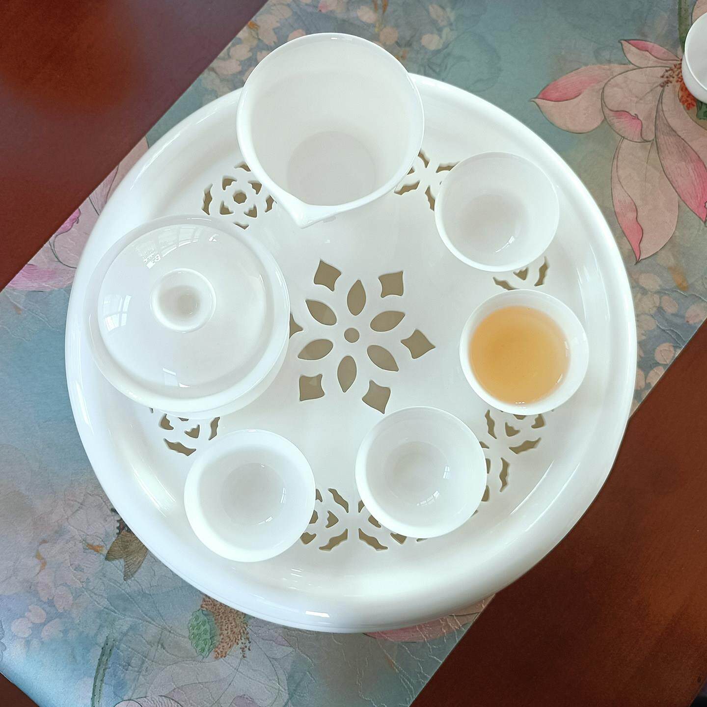 骨瓷茶具套装陶瓷茶盘大号干泡盘圆形手工镂空高档茶海送礼自用