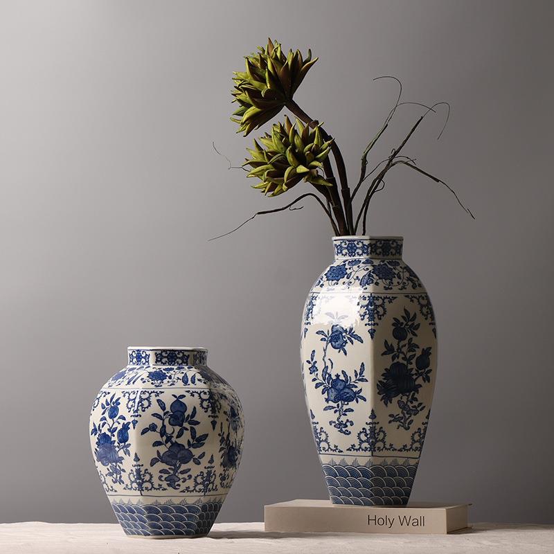 中式青花瓷海水纹折纸花果纹装饰品 陶瓷花瓶创意插花摆件 三件套