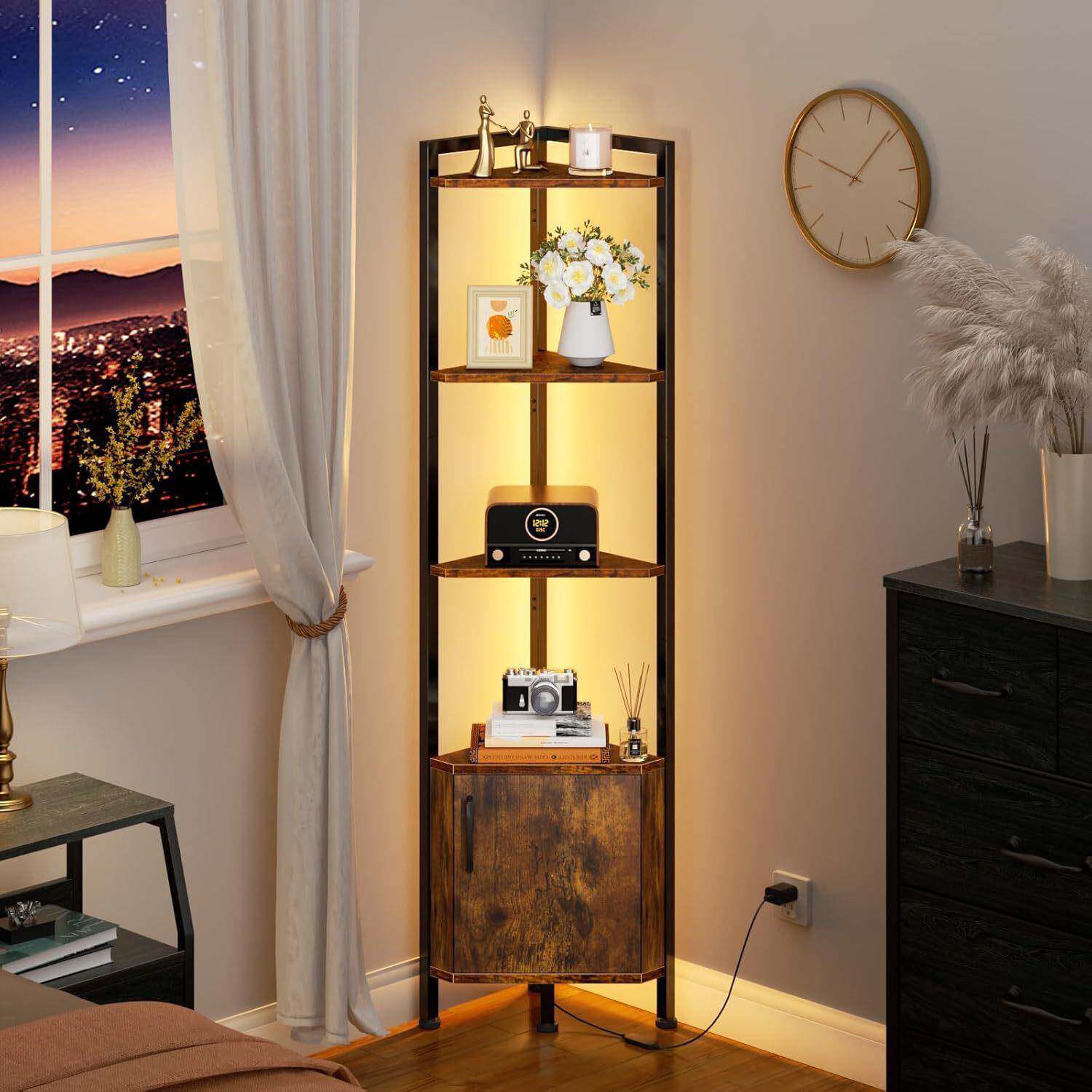 铁木结合置物架转角架省空间收纳五层角柜带储物柜子实木收纳架子