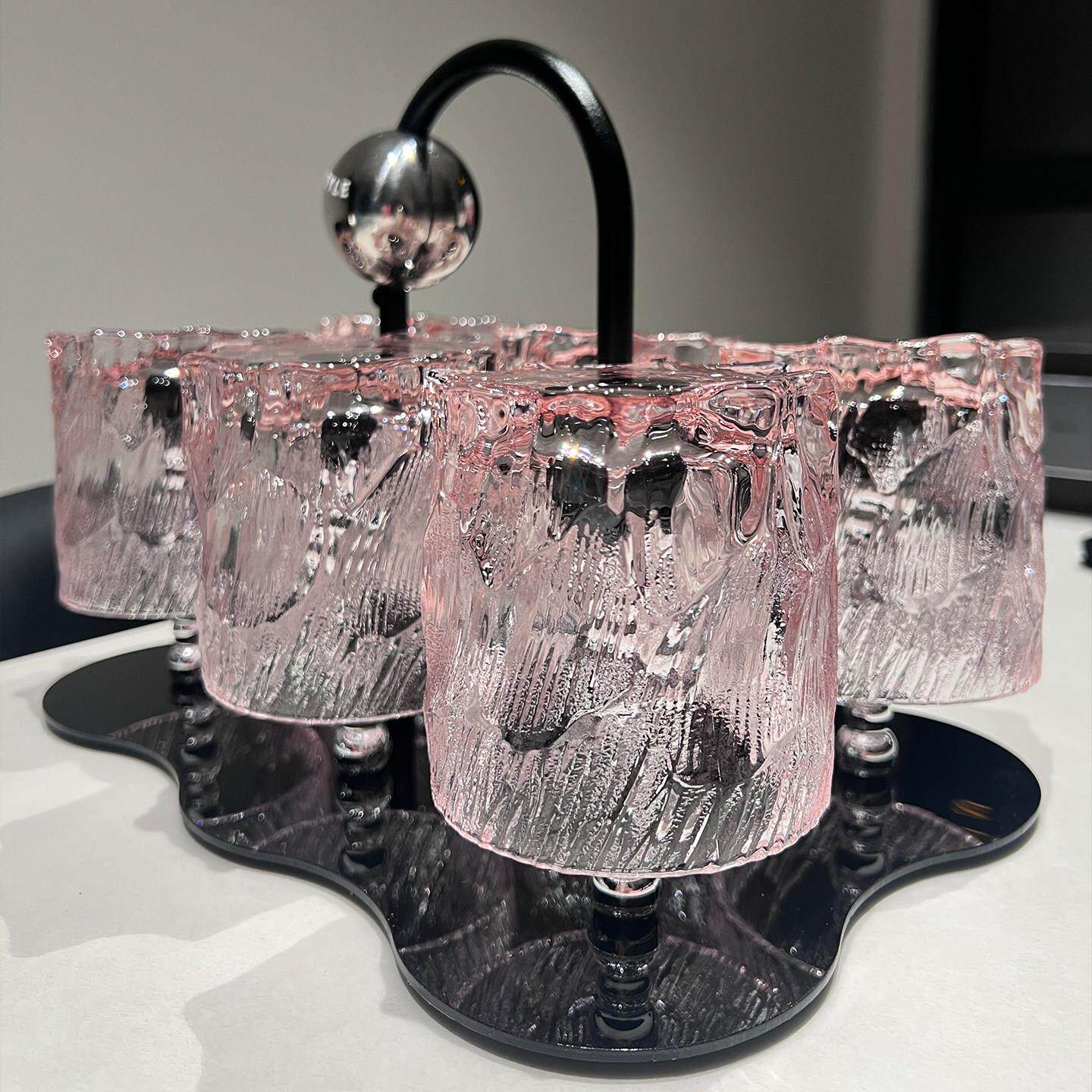 粉色玄冰纹玻璃水杯2025新款高颜值家用喝水杯收纳倒挂沥水杯架