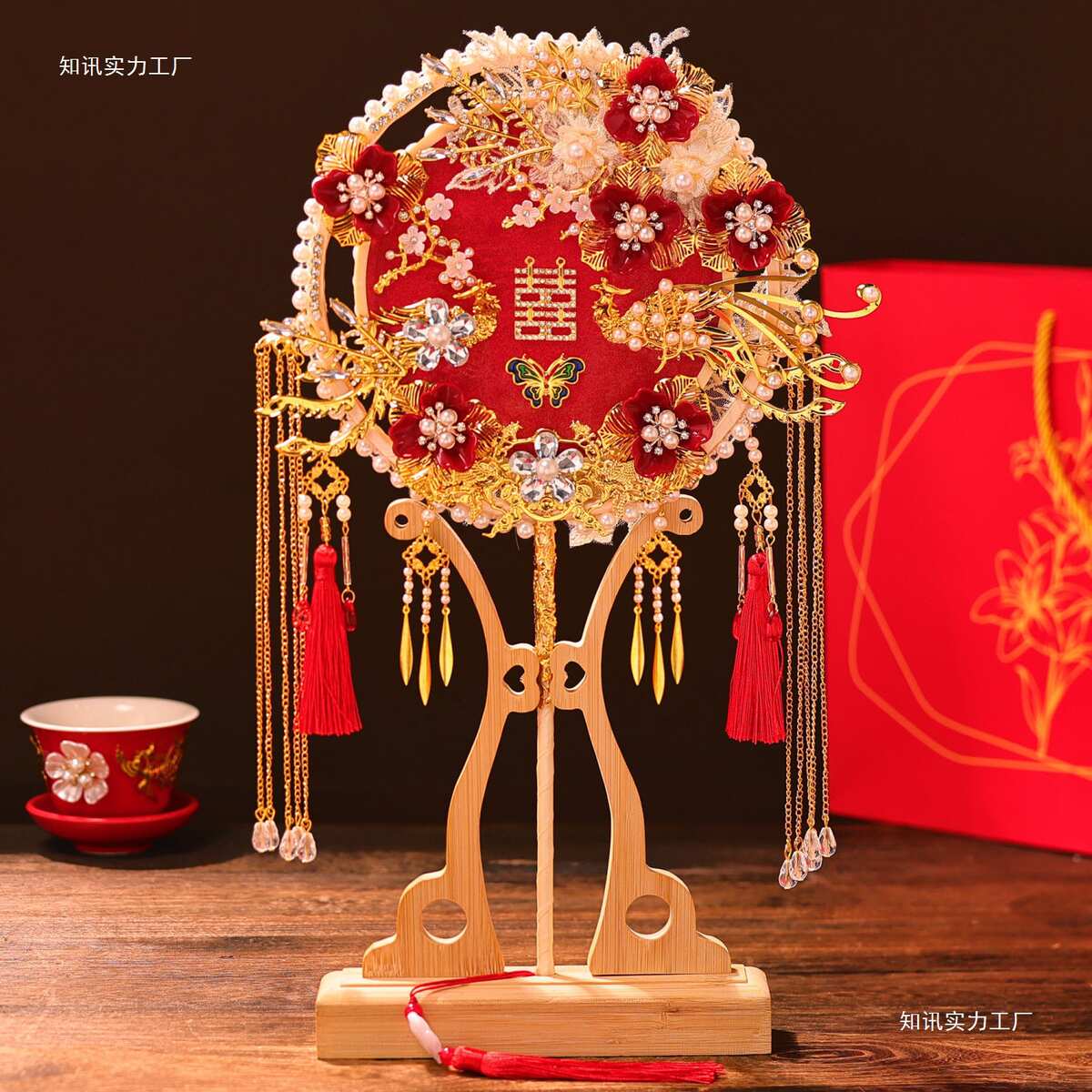 团扇新娘结婚喜扇子材料包双色双面婚礼秀禾手工重工婚扇成品