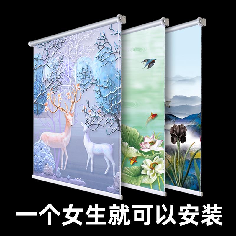 卷帘化妆室遮挡帘防水免打孔百叶窗屏风窗户装饰挂画 画遮光遮阳