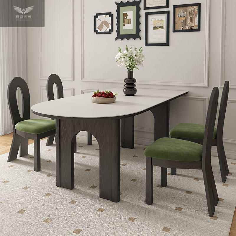 中古风实木岩板餐桌椅组合法式复古餐桌小户型半圆岛台靠墙吃饭桌