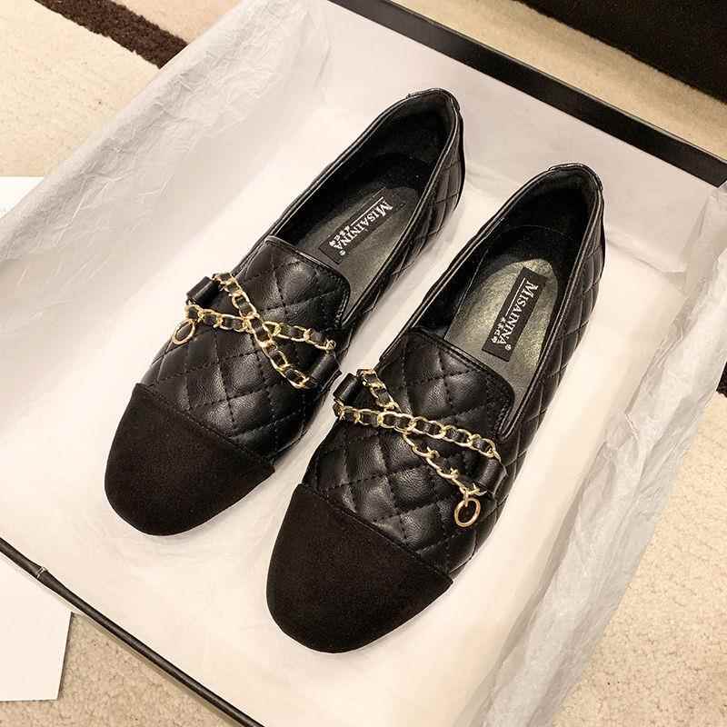 潮牌小皮鞋女2024年春季新款黑色单鞋链条复古英伦方头平底乐福鞋