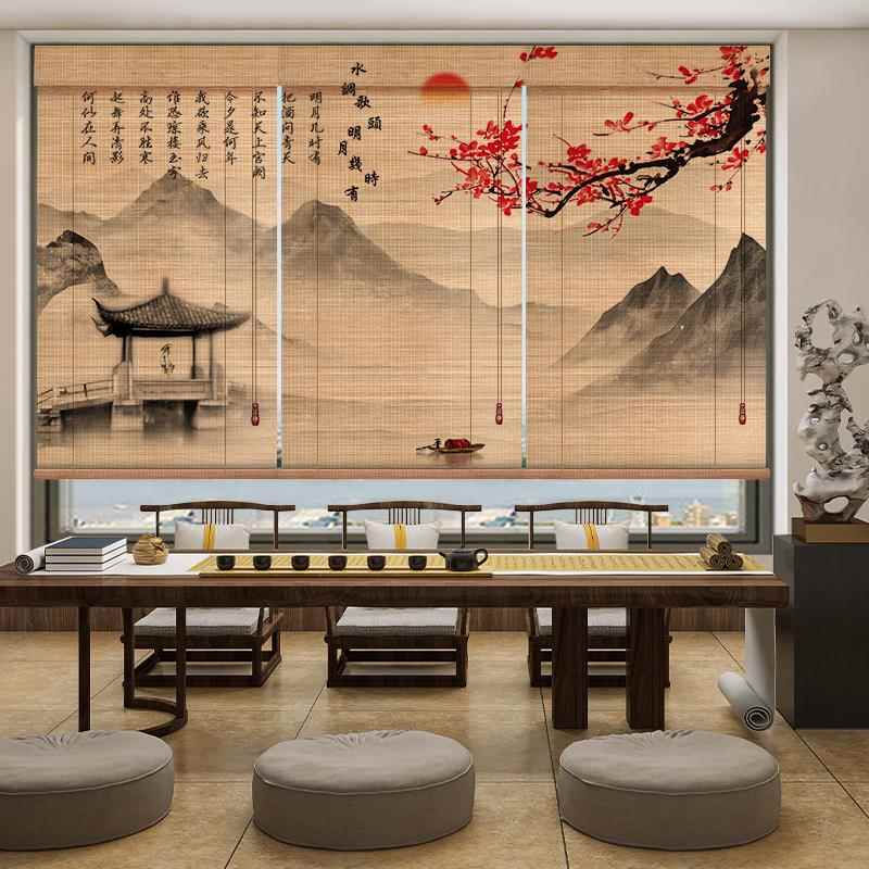 印花YUB帘卷竹遮帘茶室隔断画门帘新中式光遮阳国风背景墙装饰挂