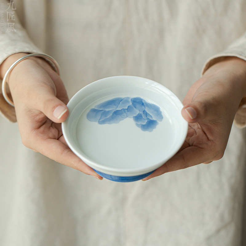 手绘玉泥壶承釉下彩蓝牡丹高足茶点盘家用盖碗底托功夫茶具干泡盘