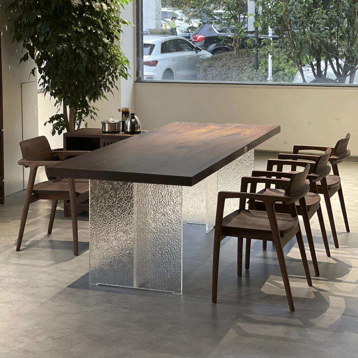 新中式北美黑胡桃餐桌亚克力悬浮书桌茶桌白蜡木实木家用办公简约