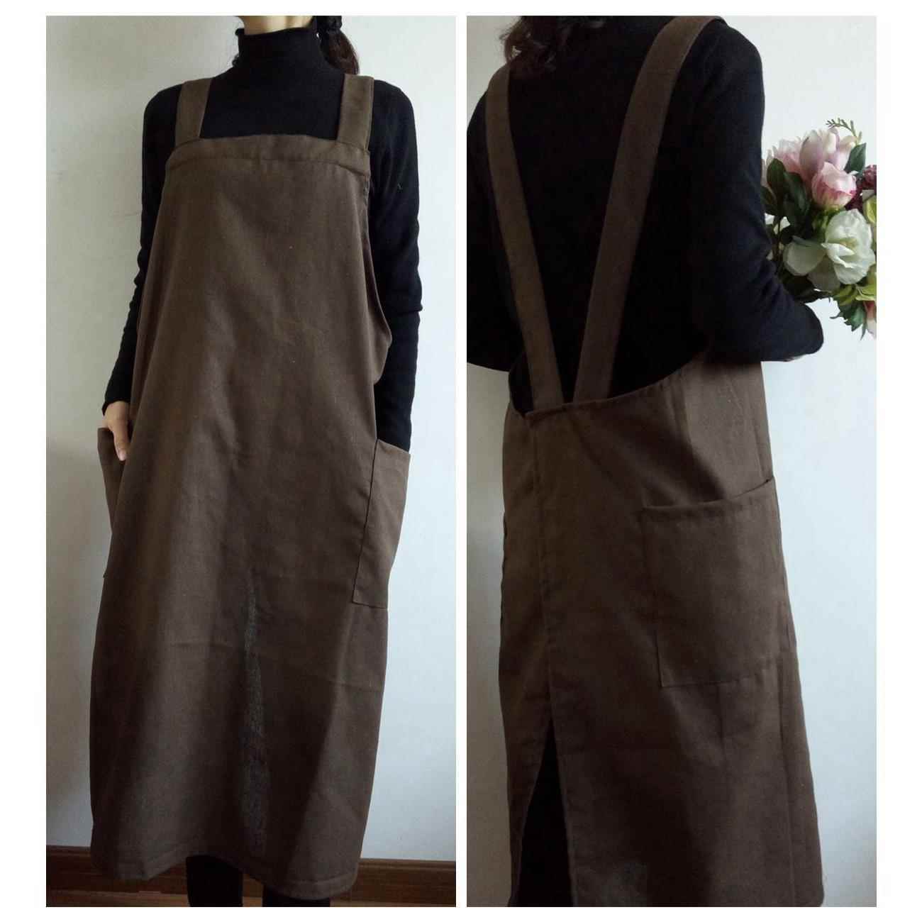 文艺宽松随性长款麻围裙防油污罩衣家居烘焙花艺绘画服包邮多色