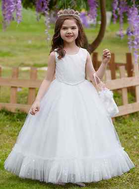 amazon大童儿童礼服白色公主裙子钢琴演出服无袖网纱蓬蓬裙长裙定