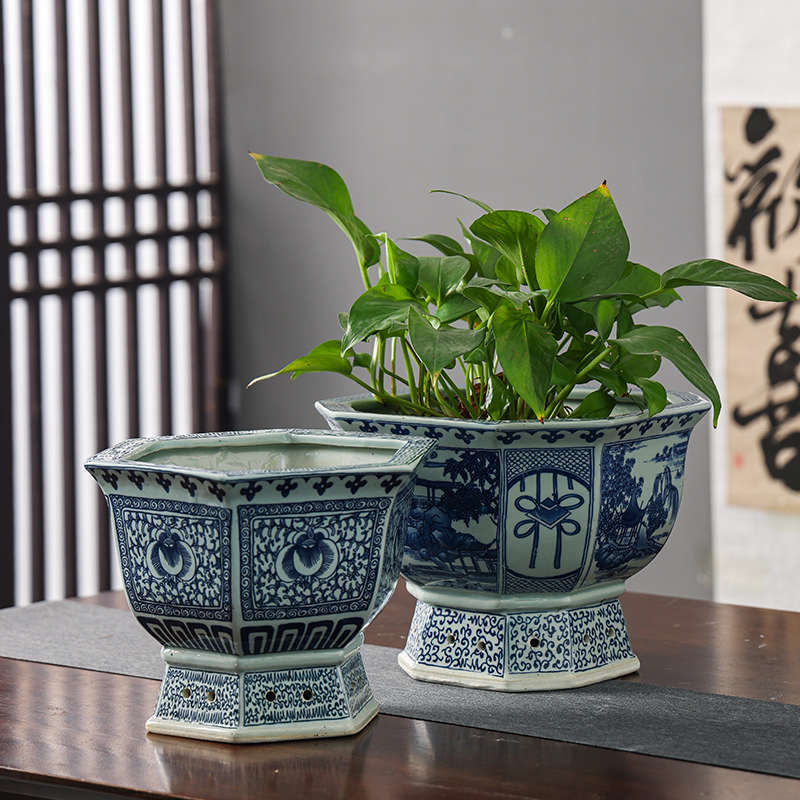 景德镇花盆陶瓷风青花瓷花盆绿萝吊兰陶瓷花盆仿古中式家居