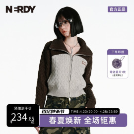 nerdy春夏短外套，女撞色拼接翻领毛，针织衫拉链修身显瘦上衣