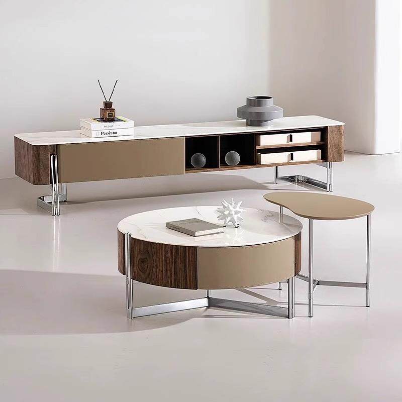 意式极简圆形茶几电视柜微晶石轻奢高级感客厅家用茶桌2026新款