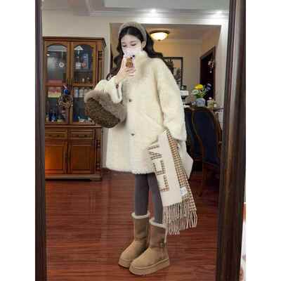 宽松洋气皮毛一体羊羔毛外套女冬中长款高级休闲白色气质毛绒大衣