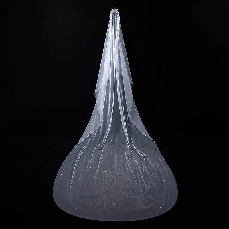 头纱新娘主婚纱头饰大拖尾珍珠森系复古仙气高贵优雅素纱拍照道具