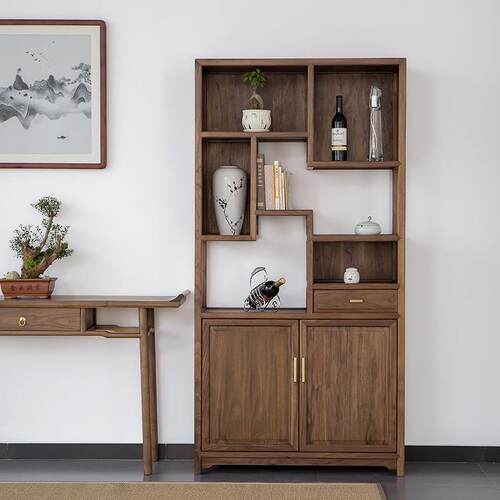 新中式黑胡桃木书架实木书柜展柜禅意置物架仿古新中式博古架酒柜