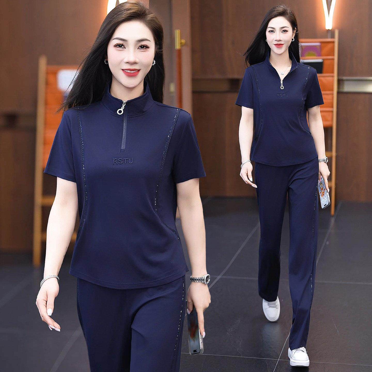 运动穿搭女套装夏季2026新款短袖立领拉链上衣长裤休闲冰丝两件套