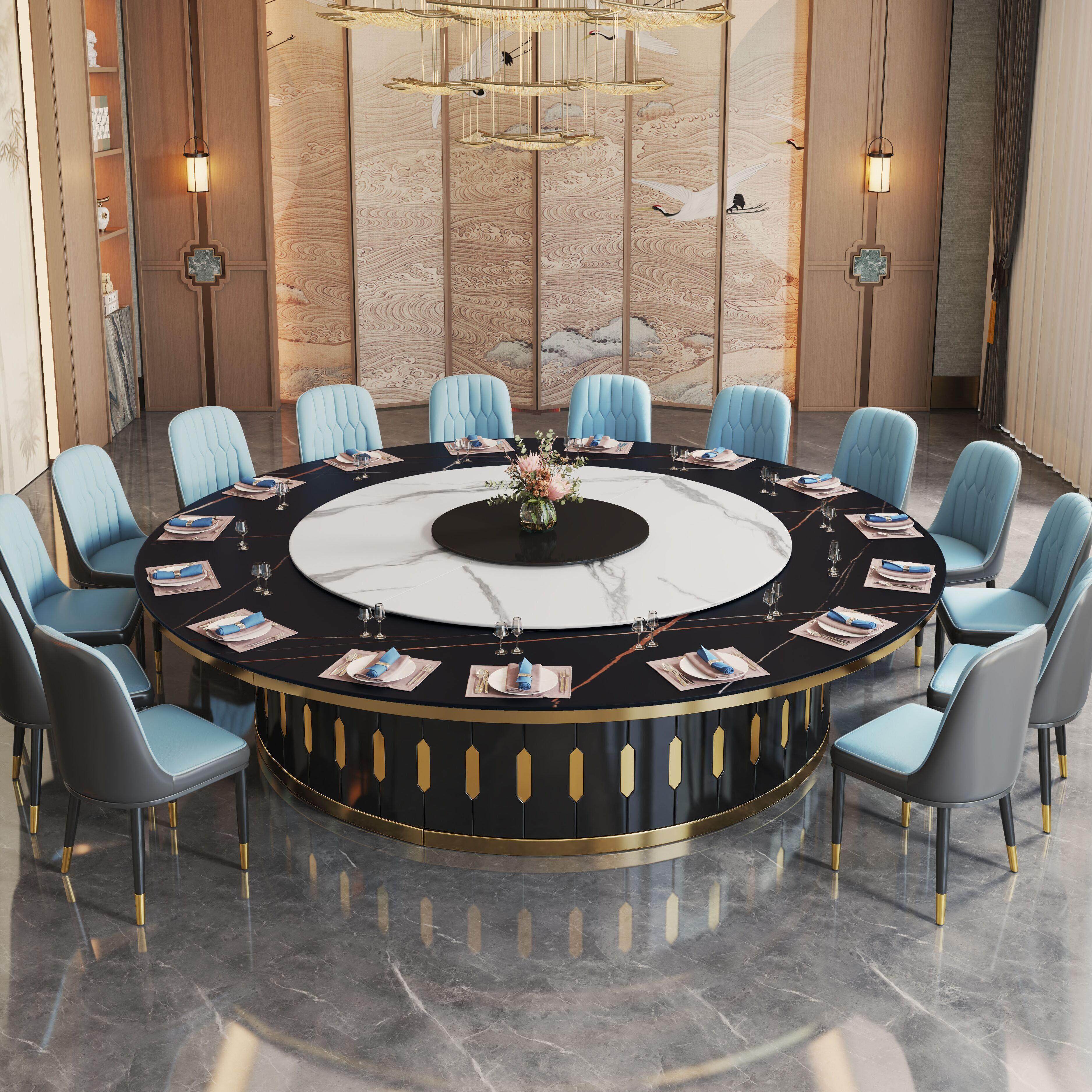 酒店电动餐桌大圆桌饭店饭厅会所包厢岩板转盘带隐形电磁炉火锅桌