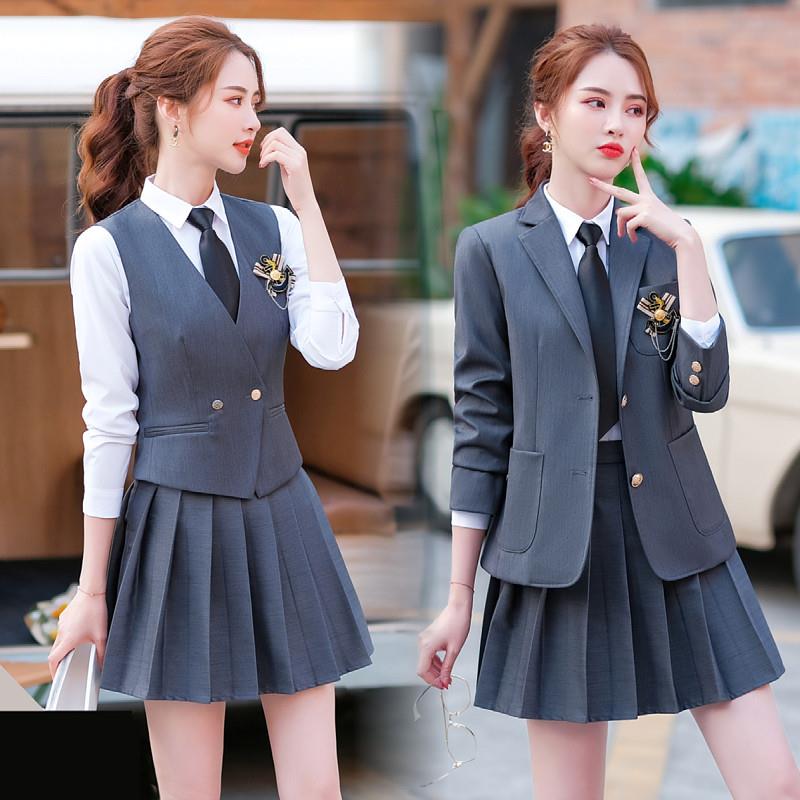 西装马甲制服百褶裙套装女春秋学院风明星同款西服韩版日系外套