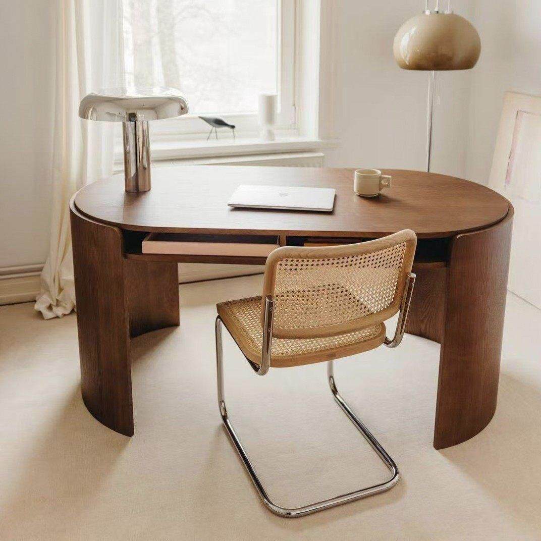 北欧实木椭圆形书桌家用办公电脑桌子中古简约卧室异形极简办公桌