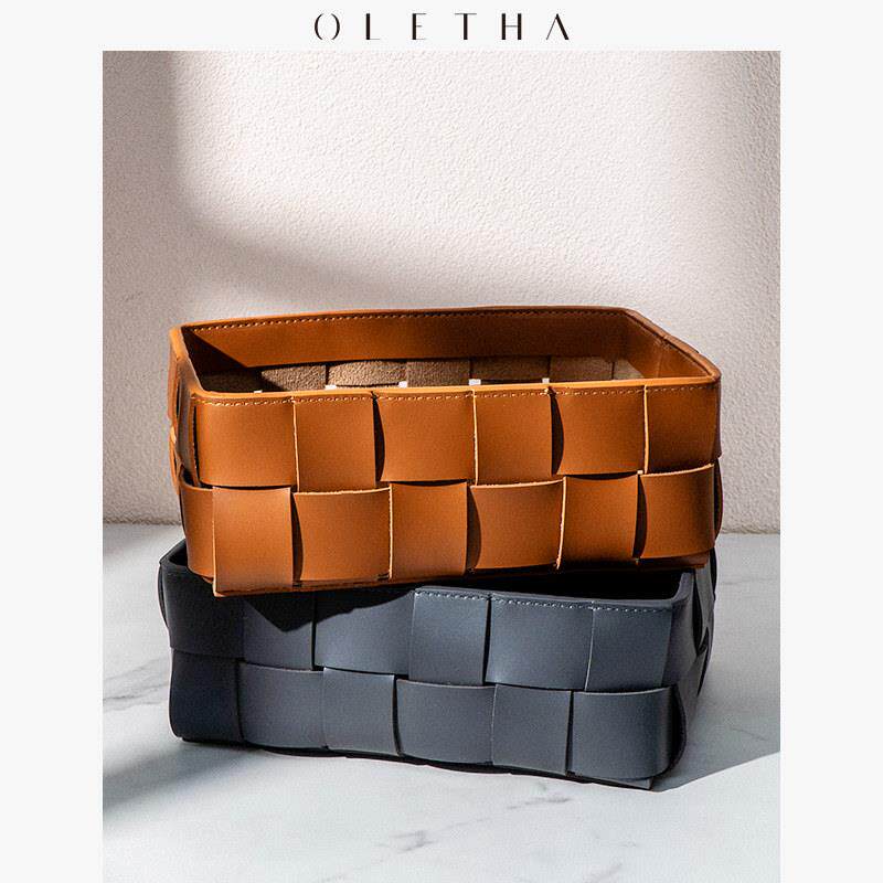 OLETHA高级皮革收纳篮客厅床头玄关化妆品置物筐编织护肤品收纳筐